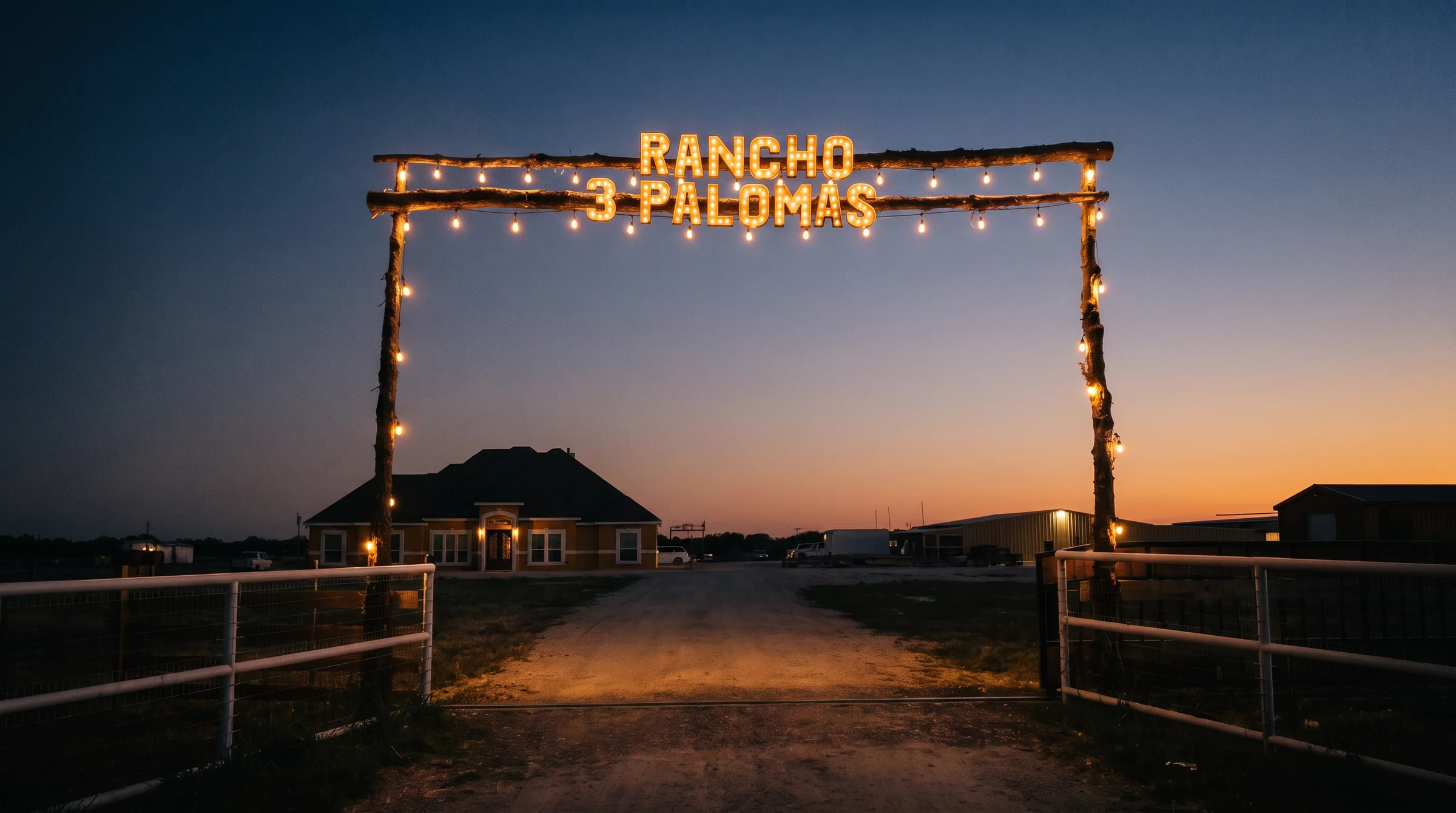 Entrance to Rancho 3 Palomas at sunset
